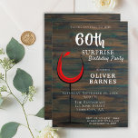 Rustikaler Roter Wein 60. Geburtstag Überraschung  Einladung<br><div class="desc">Rustikaler Holz Roter Wein 60. Geburtstag Überraschung Party Einladung. Einladung zum Geburtstag mit rustikalem dunklem Holzboden und abstraktem Glas mit Rotwein. Der Text ist in einem trendigen, weißen Skript und leicht anpassbar - personalisieren Sie ihn mit Ihrem Namen, Alter, Datum, Ort und UAWG. Sie können den ganzen Text auf der...</div>