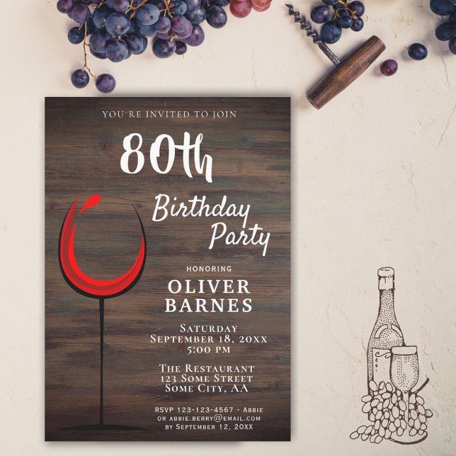 Rustikaler Roter Wein 80. Geburtstagsparty Einladung (Von Creator hochgeladen)