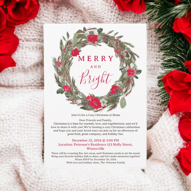 Rustikaler Rotflorenkrebs Gemütliches Weihnachtsfe Einladung (Rustic Red Floral Wreath Cozy Christmas Gathering Invitation)