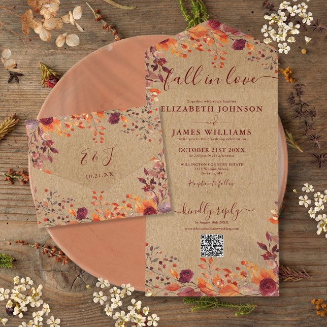 Rustikaler Rückgang in der Liebe Herbst floraler Q All In One Einladung (Rustic Fall In Love Autumn Floral QR Code Wedding All In One Invitation)