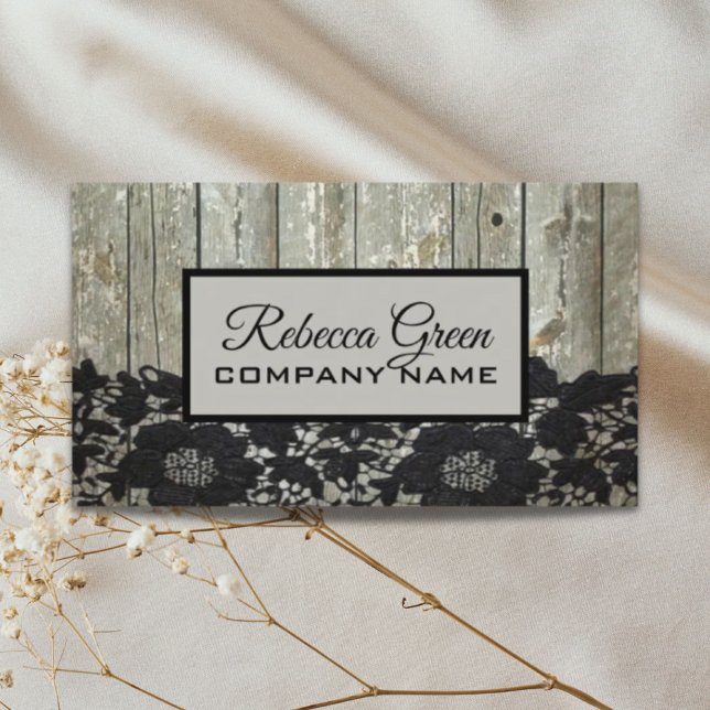 rustikaler, rustikaler Stallholz Visitenkarte (rustic country chic barn wood black lace business card)