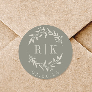 Rustikaler Salbei-Botanikkranz-Hochzeitsmonogramm Runder Aufkleber