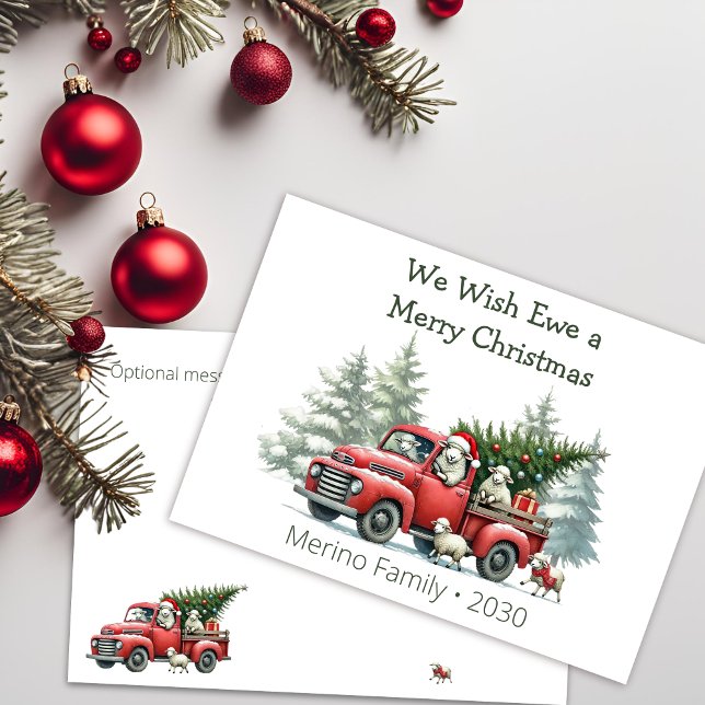 Rustikaler Schafroter Lkw Feiertagskarte (we wish ewe a merry christmas, vintage red truck greeting card)