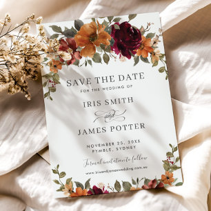 Rustikaler Schick Burgunder-Rot-Braunorange Floral Save The Date