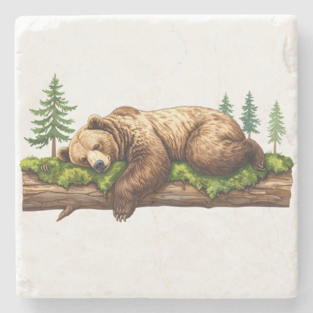 Rustikaler Schlafbär Wasserfarbe Steinuntersetzer (Vorderseite)