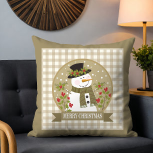 Rustikaler Schneemann-Holly-Gingham-Frohe-Weihnach Kissen