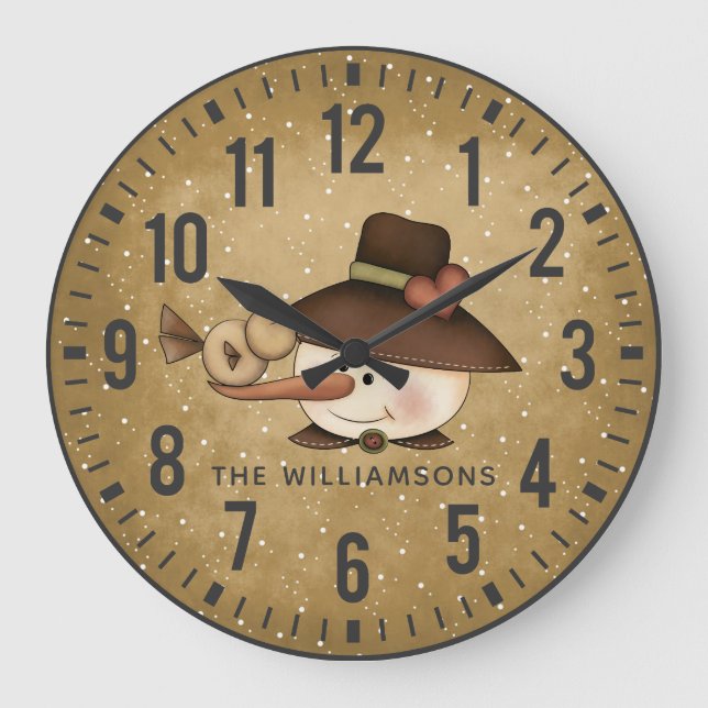 Rustikaler Schneemann Personalisiert Große Wanduhr (Vorderseite)