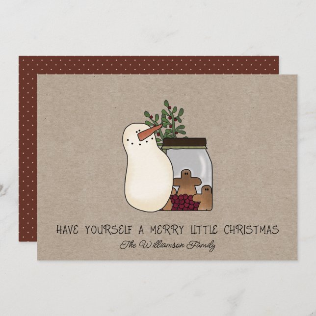 Rustikaler Schneemann und Lebkuchen Männer Feiertagskarte (Vorne/Hinten)