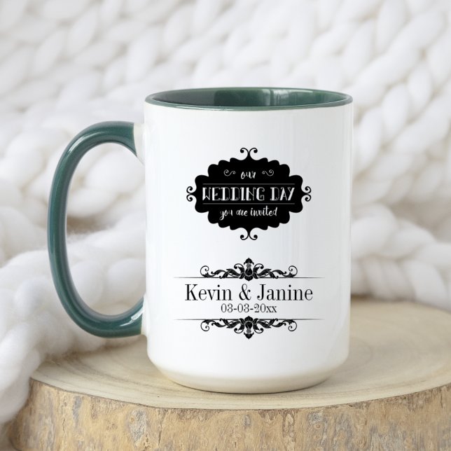 Rustikaler Schwarz-Rett-The-Date-Wedding-Day Bride Tasse (Von Creator hochgeladen)