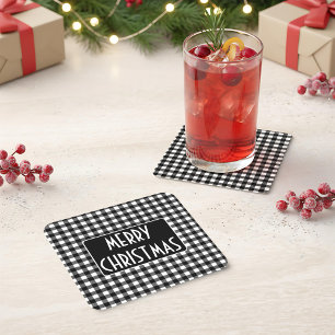 Rustikaler Schwarz-Weiß-Büffel-Karo-Merry-Christma Rechteckiger Pappuntersetzer