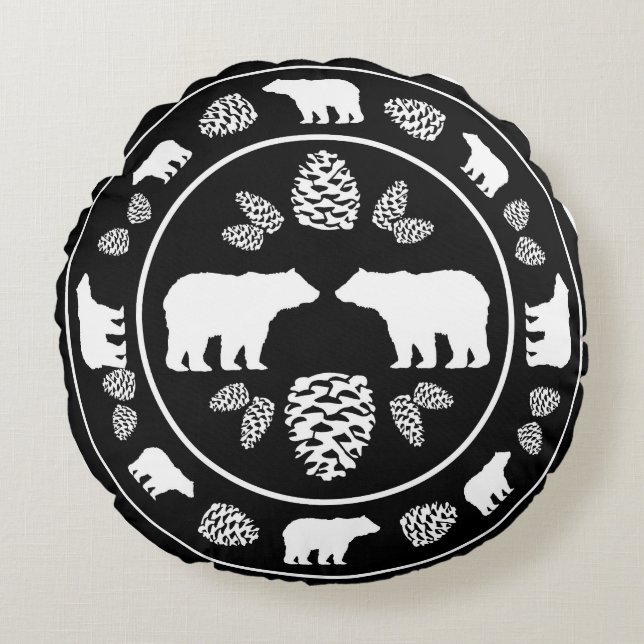 Rustikaler schwarzer Bärenpinecon, runder Kissen (Vorderseite)