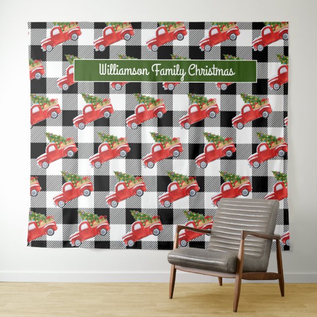 Rustikaler Schwarzer Karierter Weihnachtswagen Fot Wandteppich (Beispiel (Horizontal))