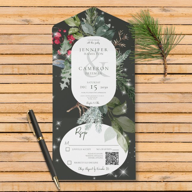 Rustikaler Schwarzer Pine & Holly Winter Sparkle Q All In One Einladung (Also available without a QR code; with or without dinner selection options.)