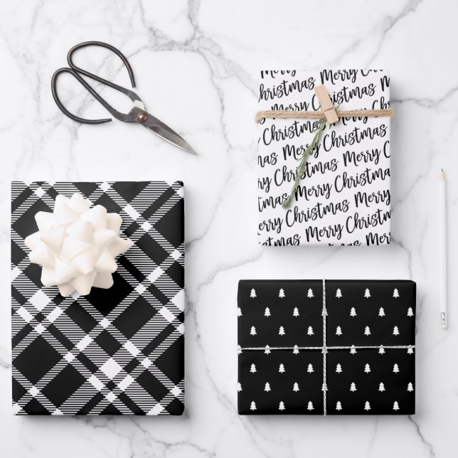 Rustikaler Schwarzer Tartan Kariert Frohe Weihnach Geschenkpapier Set (Vorderseite)