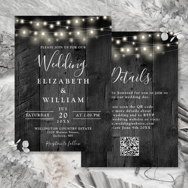 Rustikaler schwarzer Wald Hochzeitszeichenfolgen - Einladung (Rustic Black Wood Wedding String Lights QR Code Invitation)