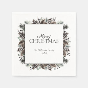 Rustikaler Schwarzer Winter Pinecone Frohe Weihnac Serviette