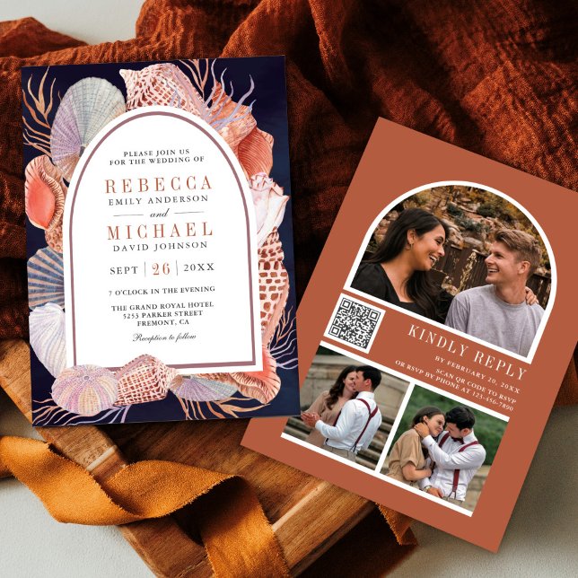 Rustikaler Seashell Nautical Navy Blue QR Code Hoc Einladung (Von Creator hochgeladen)