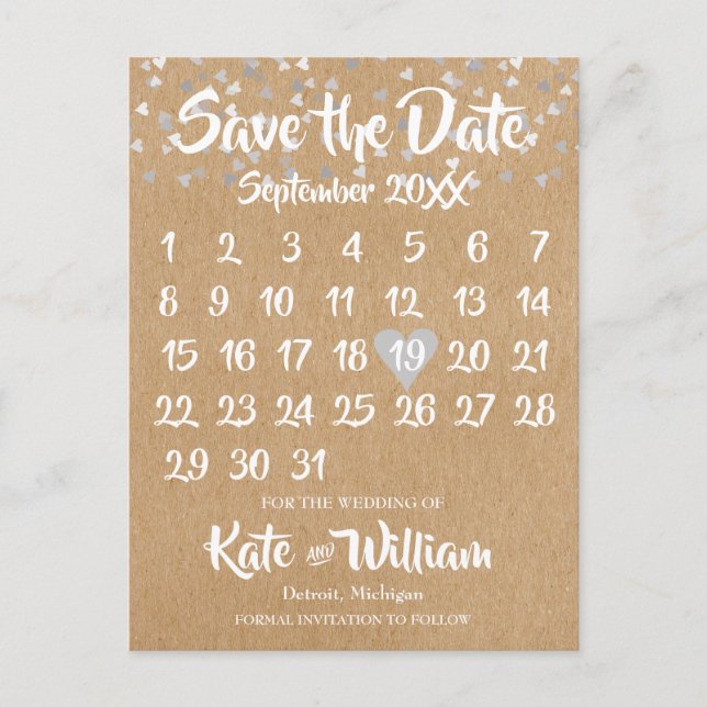 Rustikaler Silberner Liebe Herzkalender Save the D Ankündigungspostkarte (Vorderseite)