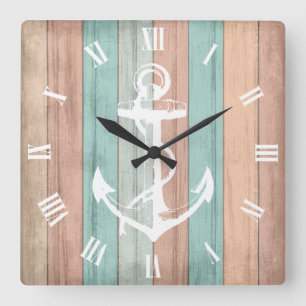 Rustikaler Sommer Beach Wood Nautical Stripes & An Quadratische Wanduhr
