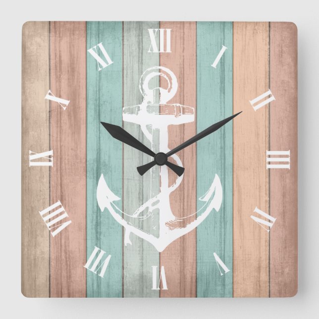 Rustikaler Sommer Beach Wood Nautical Stripes & An Quadratische Wanduhr (Vorderseite)