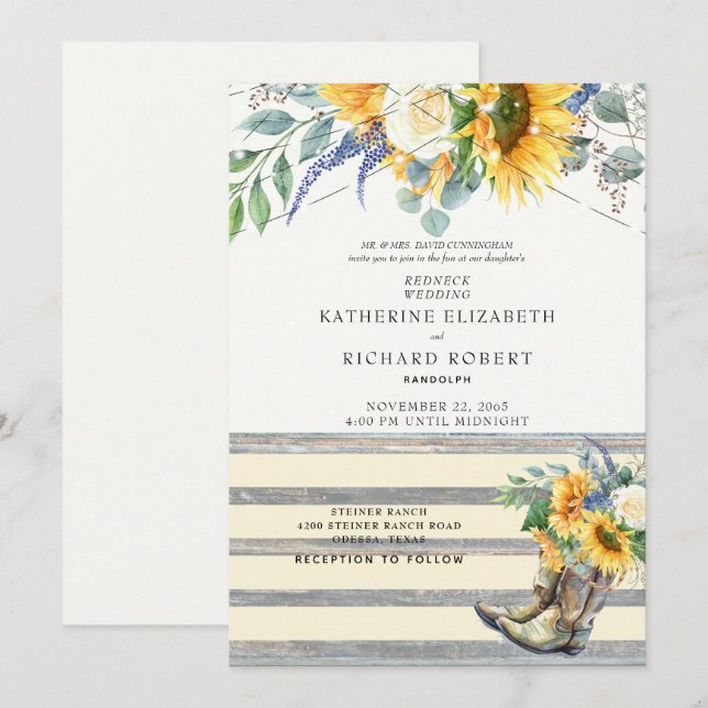 Rustikaler Sonnenblumen-Redneck Holz Stiefel & Lig Einladung (Vorne/Hinten)