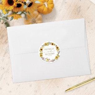 Rustikaler Sonnenblumen-Weißkürbis-Kranz-Hochzeit Runder Aufkleber