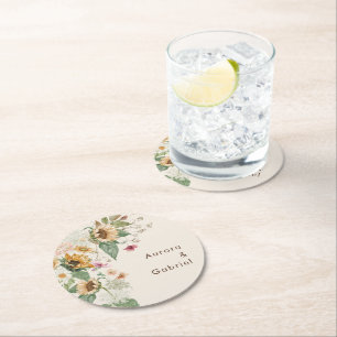 Rustikaler Sonnenblumenbeige Hochzeitspapier-Unter Runder Pappuntersetzer