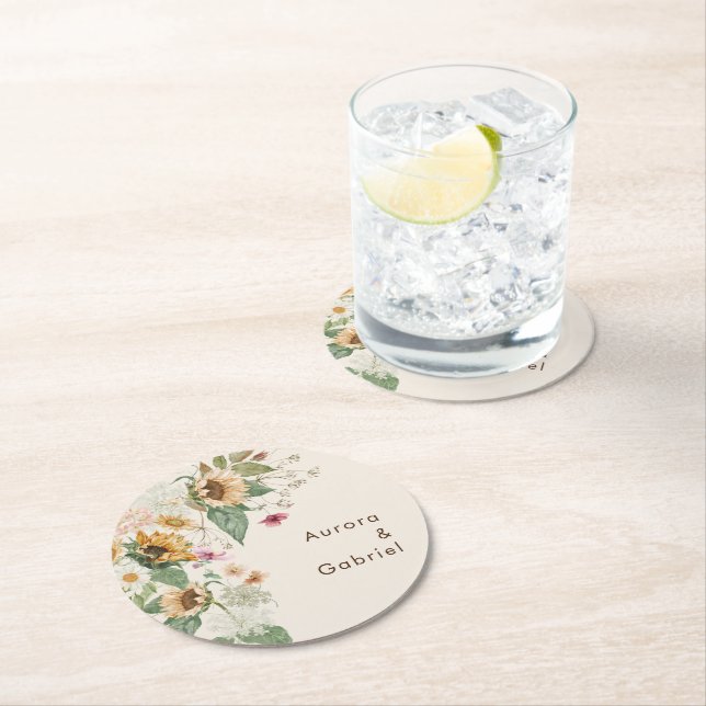 Rustikaler Sonnenblumenbeige Hochzeitspapier-Unter Runder Pappuntersetzer (Vor Ort)