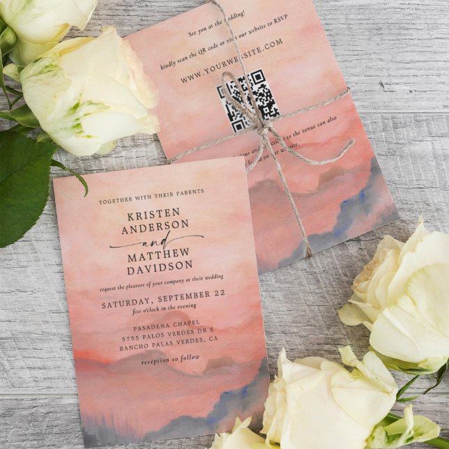 Rustikaler Sonnenuntergang Wasserfarbe QR Code Hoc Einladung (Mountain Sunset Invite with QR Code on the back for an easy way to RSVP.)