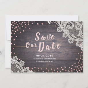 Rustikaler Spitzen und Glitzer mit Holzblüte Save  The Date