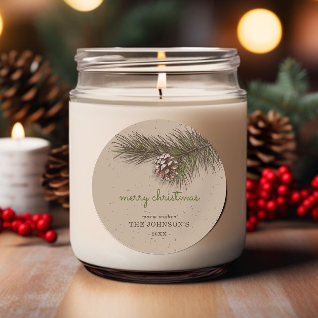 Rustikaler Sprig Pine Frohe Weihnachten Runder Aufkleber (Rustic Sprig Pine Merry Christmas Classic Round Sticker)