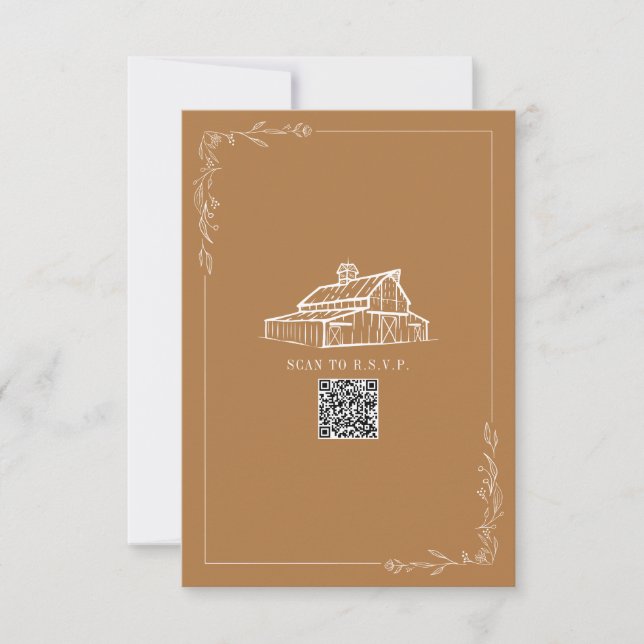 Rustikaler Stall Goldenrod QR Code Wedding RSVP Karte (Vorderseite)