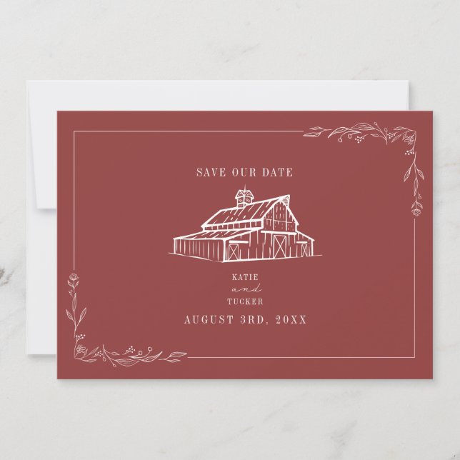 Rustikaler Stall Hochzeit Mute Red Save the Date (Vorderseite)