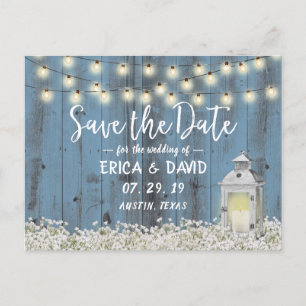 Rustikaler Stall Lantern Dusty Blau Save the Date Ankündigungspostkarte