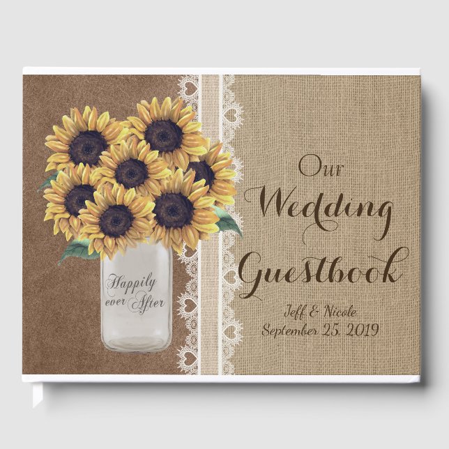 Rustikaler Stall Wedding Burlap Mason Jar Sunblume Gästebuch (Vorderseite)