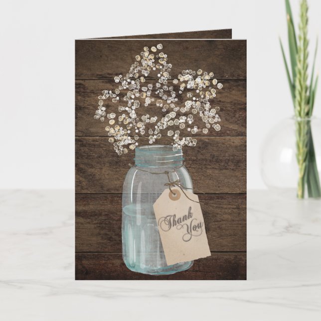 Rustikaler Stall Wedding Wood Mason Jar Babys Atem Dankeskarte (Vorderseite)