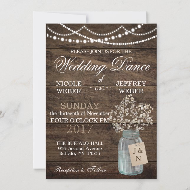 Rustikaler Stall Wedding Wood Mason Jar Babys Atem Einladung (Vorderseite)