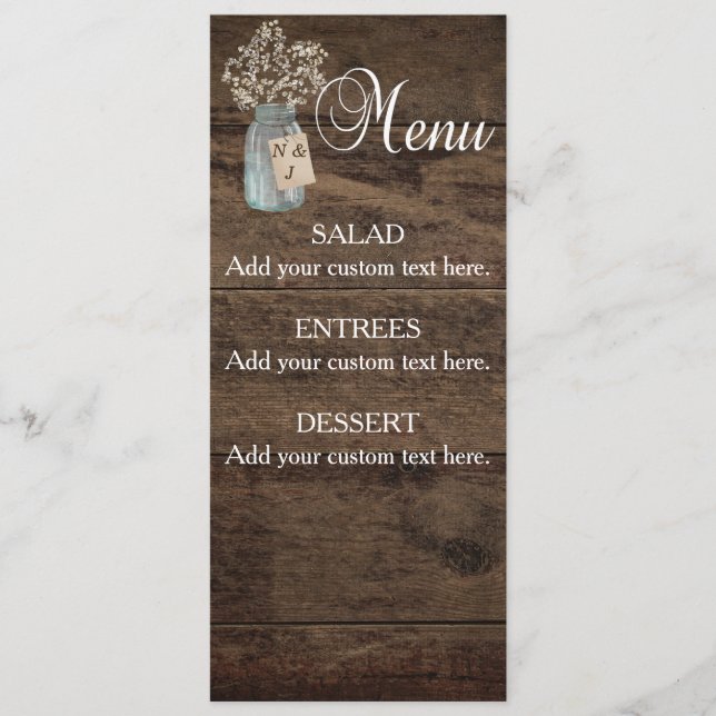 Rustikaler Stall Wedding Wood Mason Jar Babys Atem Menükarte (Vorderseite)
