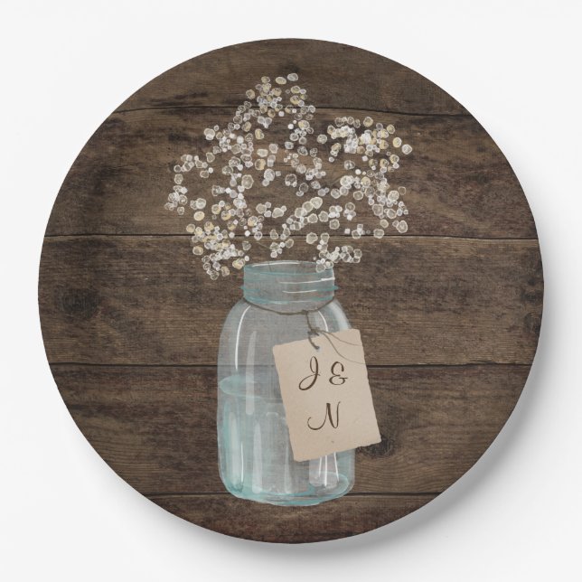 Rustikaler Stall Wedding Wood Mason Jar Babys Atem Pappteller (Vorderseite)