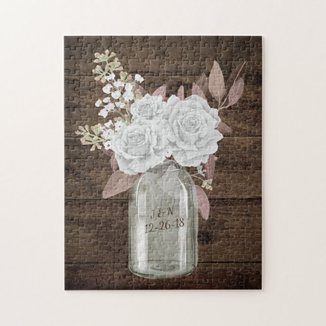 Rustikaler Stall Wedding Wood Mason Jar Babys Atem Puzzle (Vertikal)