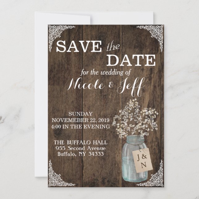 Rustikaler Stall Wedding Wood Mason Jar Babys Atem Save The Date (Vorderseite)