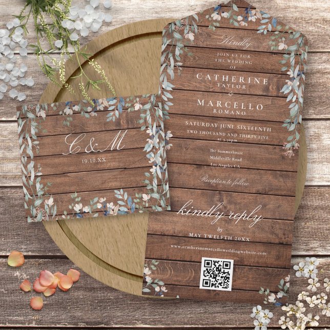 Rustikaler Stallholz Blumengrün QR Code Hochzeit A All In One Einladung (Rustic Barn Wood Floral Greenery QR Code Wedding A All In One Invitation)