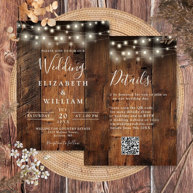 Rustikaler Stallholz-Hochzeitskerzenleuchten QR-Co Einladung (Rustic Barn Wood Wedding String Lights QR Code Invitation)