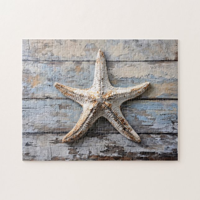 Rustikaler Starfish auf gewittertem Holz Puzzle (Horizontal)