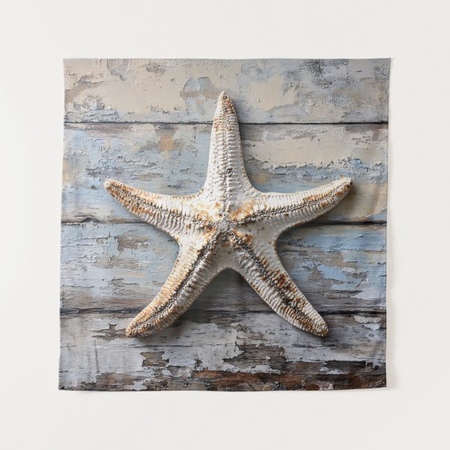 Rustikaler Starfish auf gewittertem Holz Wandteppich (Vorderseite)