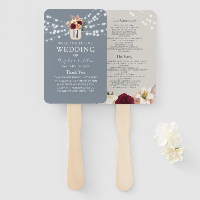 Rustikaler staubblauer Hochzeitsprogramm-Fächer Fächer (Vorne und Hinten)