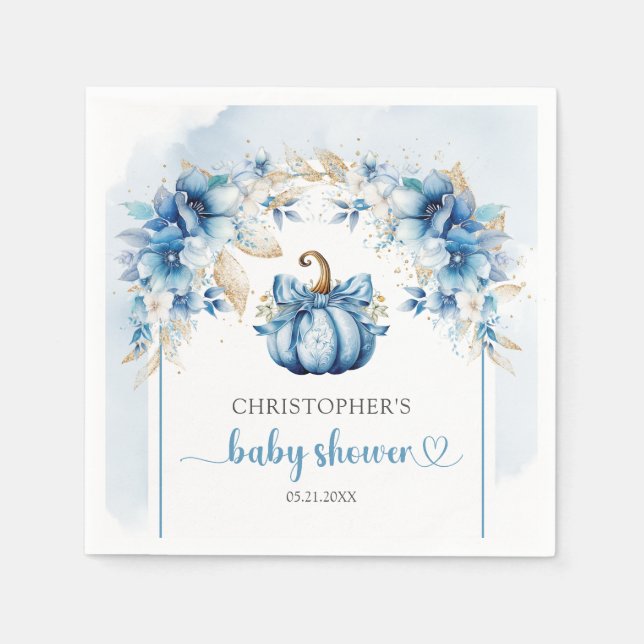 Rustikaler, staubblauer und goldener Kürbisblumenj Serviette (Vorderseite)