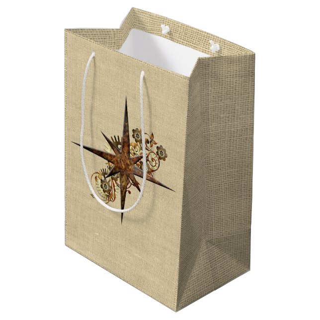 Rustikaler Steampunk Compass Star Mittlere Geschenktüte (Rückseite Schrägansicht)