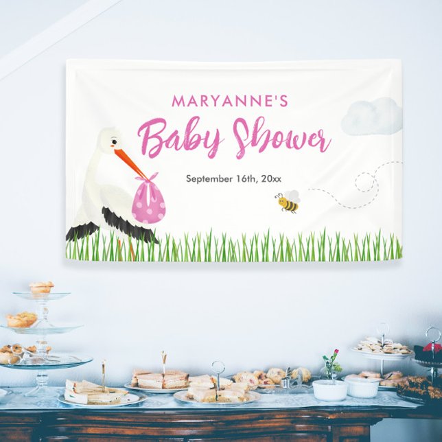 Rustikaler Storch mit Baby-Dusche für Bienen & But Banner (Cute rustic stork drawing banner for baby shower for girl)