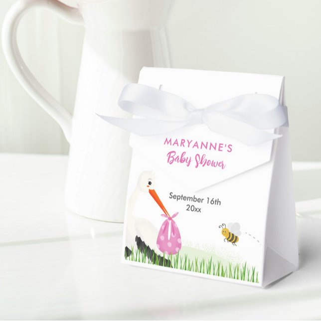 Rustikaler Storch mit Baby-Dusche für Bienen & But Geschenkschachtel (Cute rustic stork baby shower for girl favor box with white bow.)